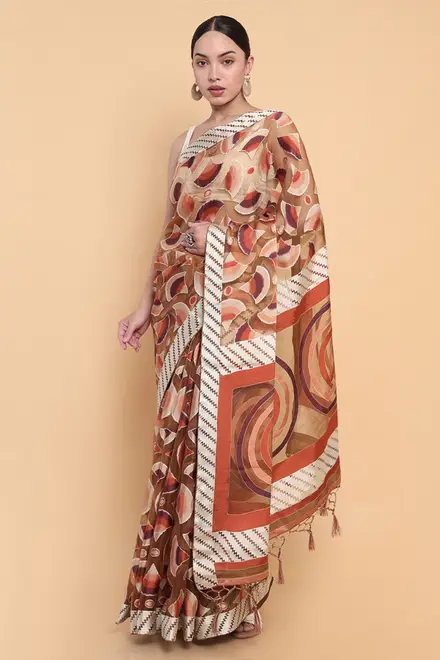 Gold Organza Saree With Abstract Designs
